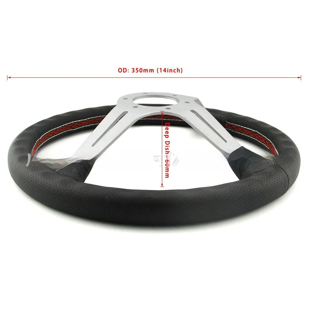 14-inch silver black leather steering wheel with concave centre grip and skeleton frame visible