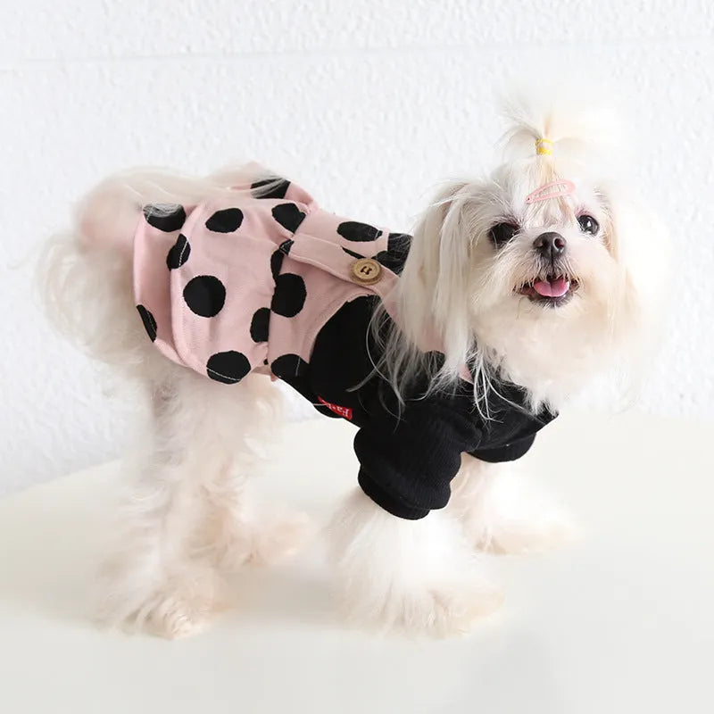Dog wearing couple clothes with lapel and shoulder strap design in casual cloth style