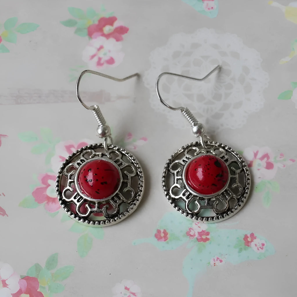 Miao silver ethnic earrings with turquoise geometric flower disk and auspicious patterns