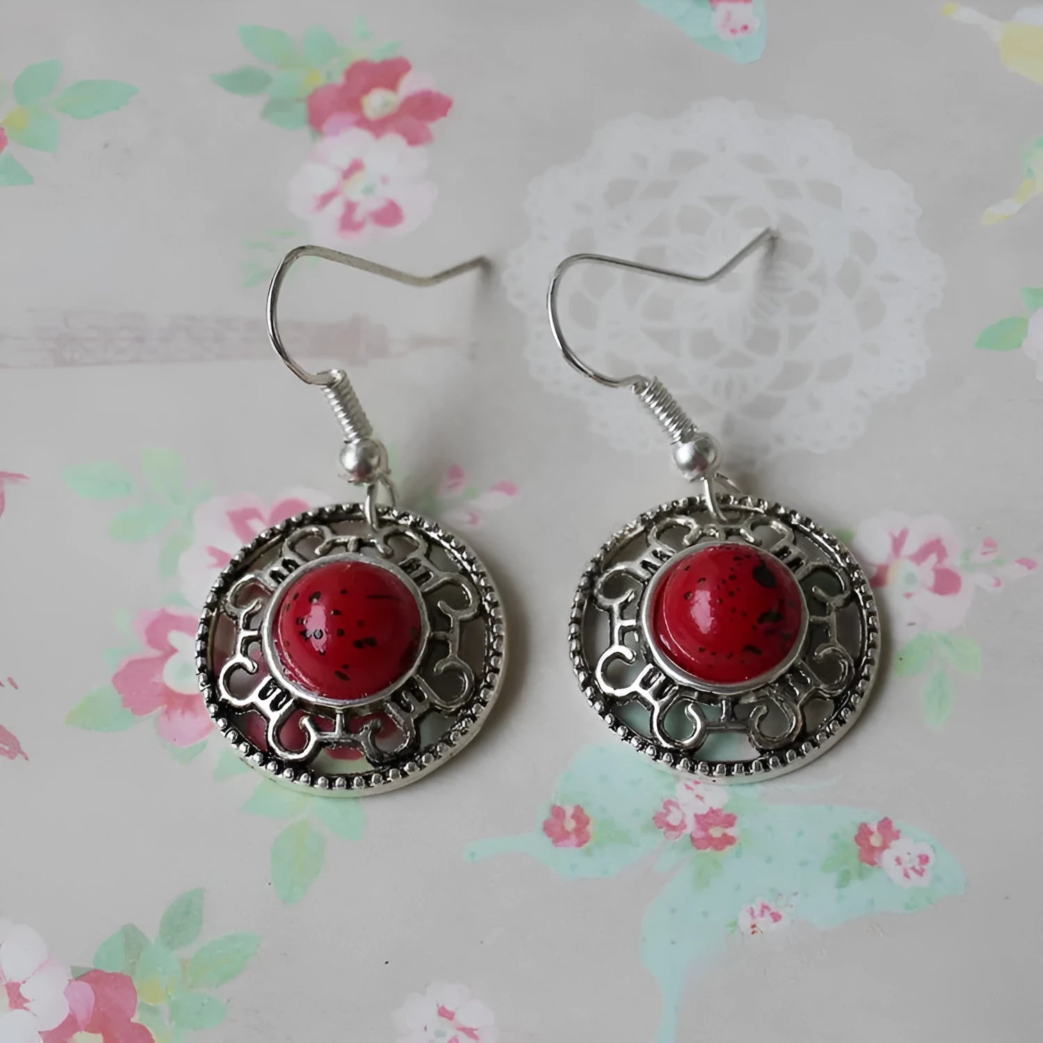 Miao silver ethnic earrings with turquoise geometric flower disk and auspicious patterns