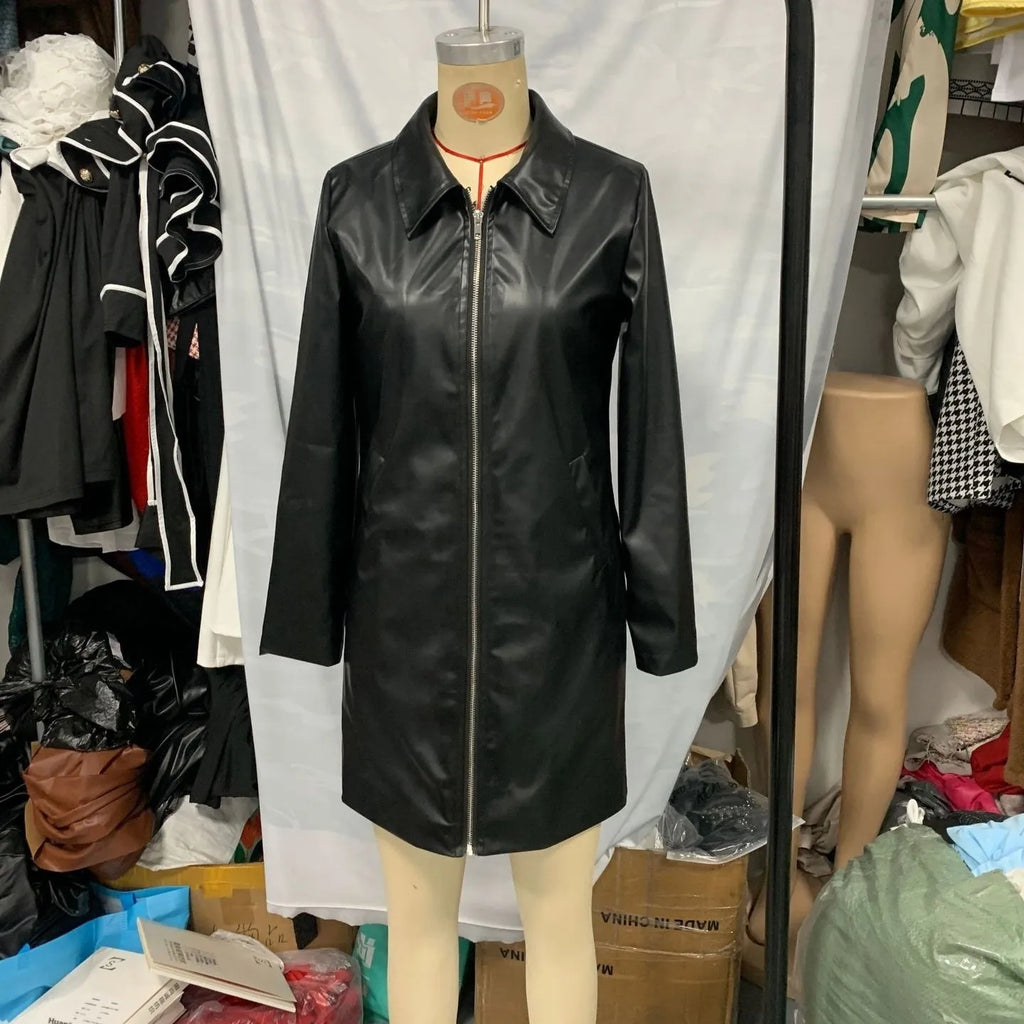 Women's black polyester leather jacket with 65cm medium length and long sleeves