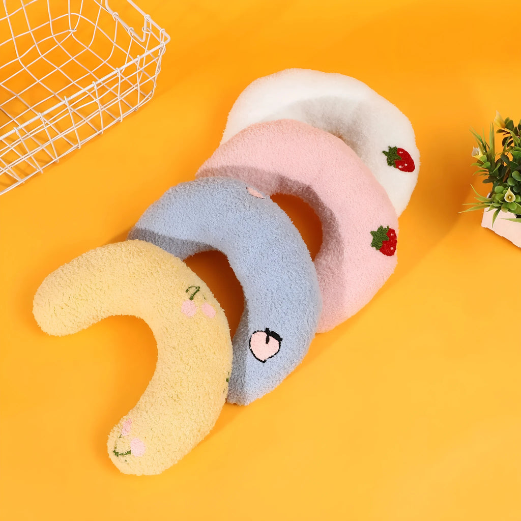 Half moon U-shaped cat pillow with cartoon designs in blue colour option