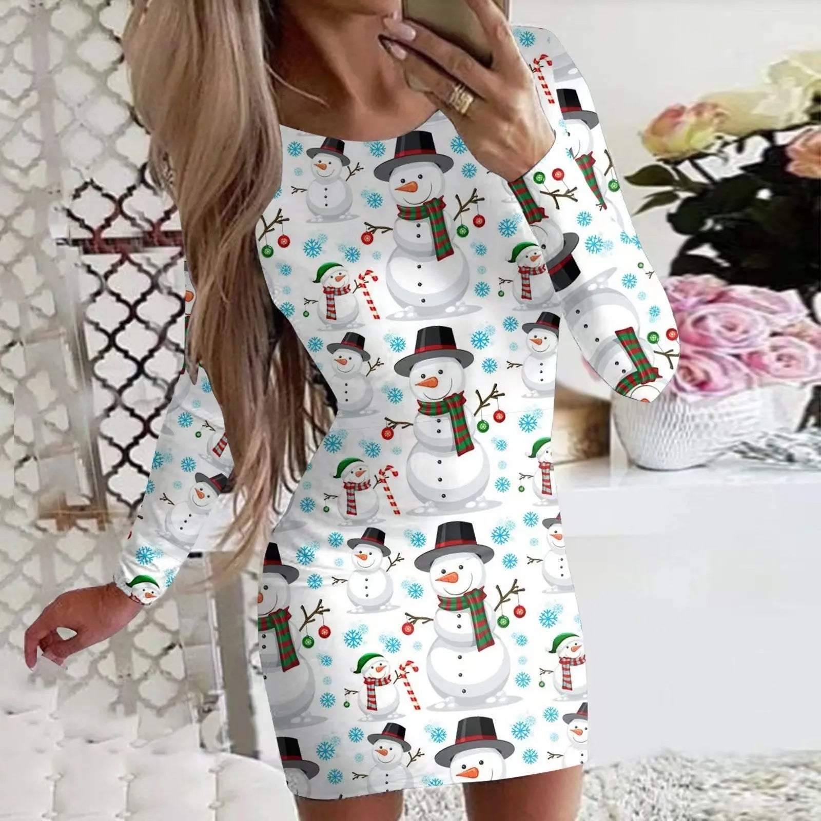 Women's Christmas printed polyester dress with animal pattern in floral colours, featuring round neck and long sleeves