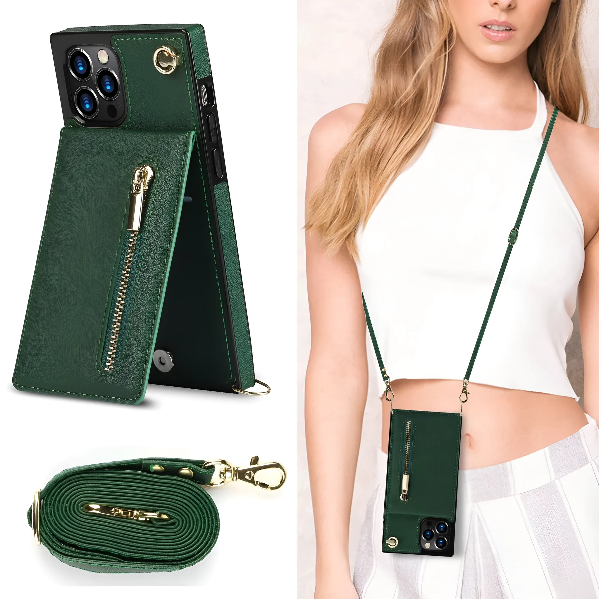 Black leather-back mobile phone case shown next to a green and purple version for iPhone and Samsung models.
