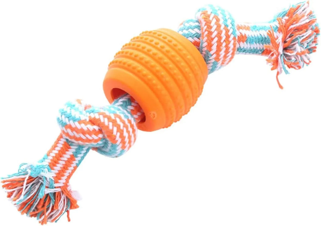 Blue silicone molar-ball dog chew toy with white rope ends on a wooden floor.