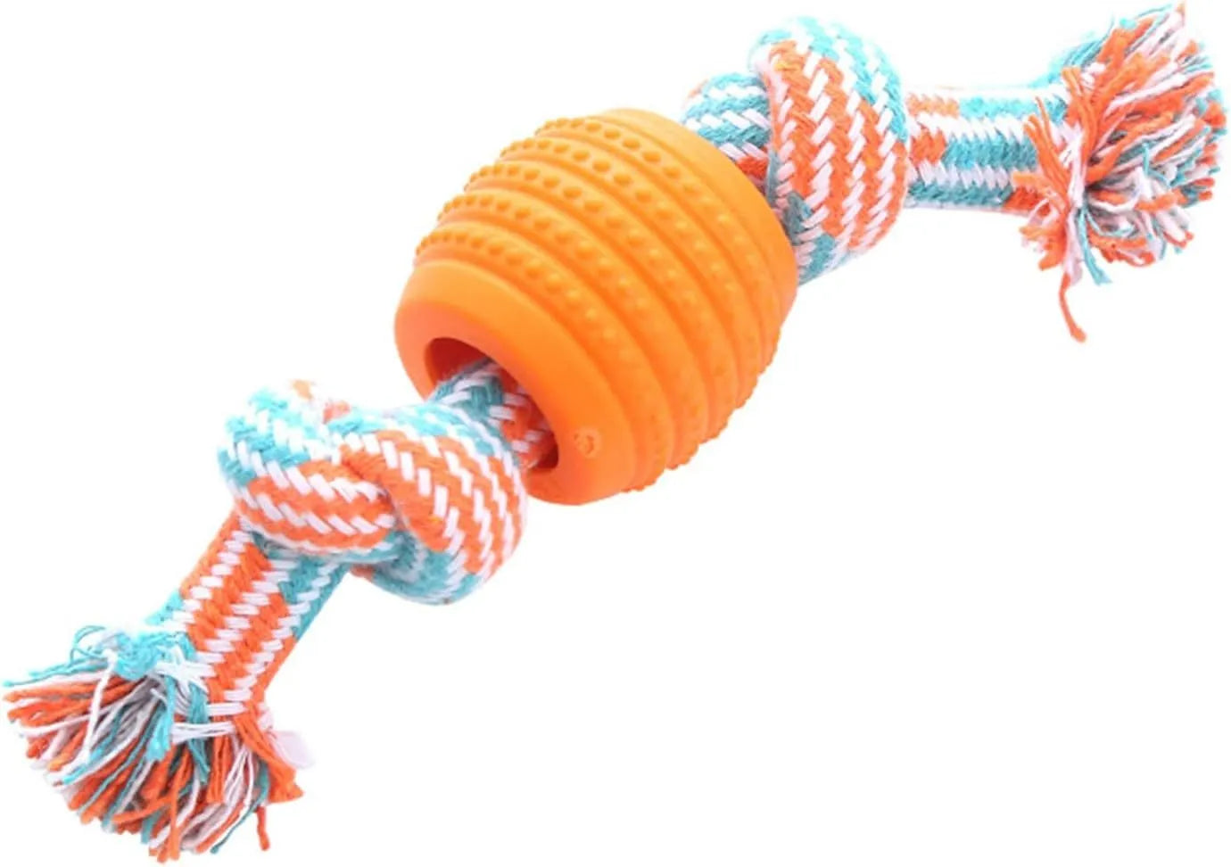 Blue silicone molar-ball dog chew toy with white rope ends on a wooden floor.