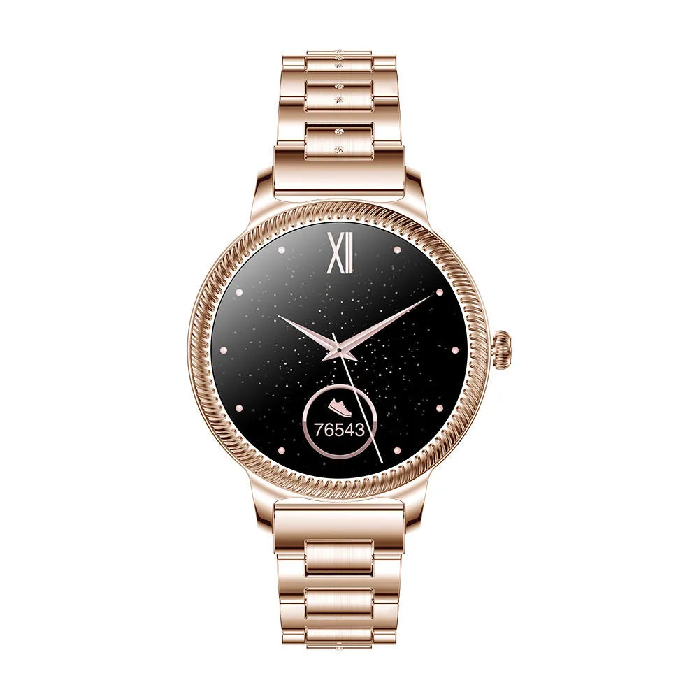 AK38 ladies smart watch with stainless steel wristband on wrist showing 1.09-inch screen