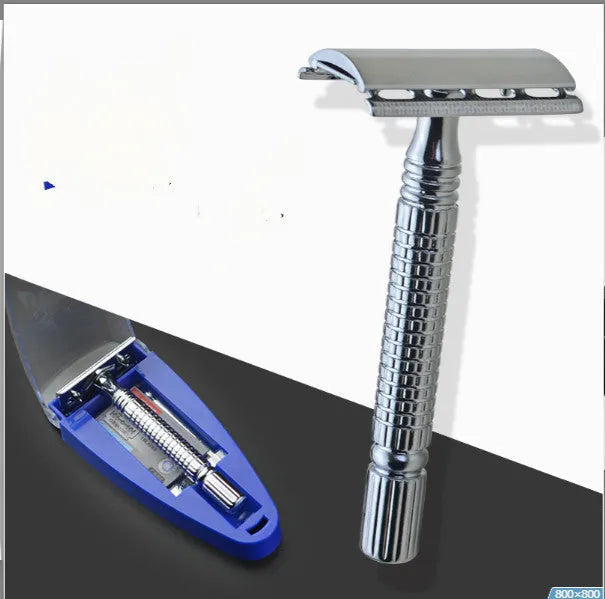 Double edged safety razor with stainless steel handle and closed comb head in storage box