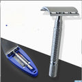 Double edged safety razor with stainless steel handle and closed comb head in storage box