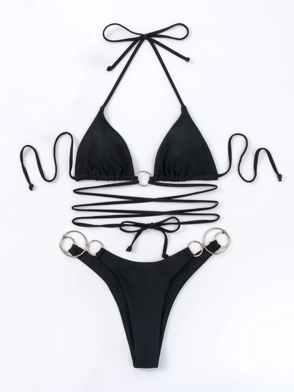 Black women's bikini set with long adjustable straps and metal rings, showing backless and split high-leg design