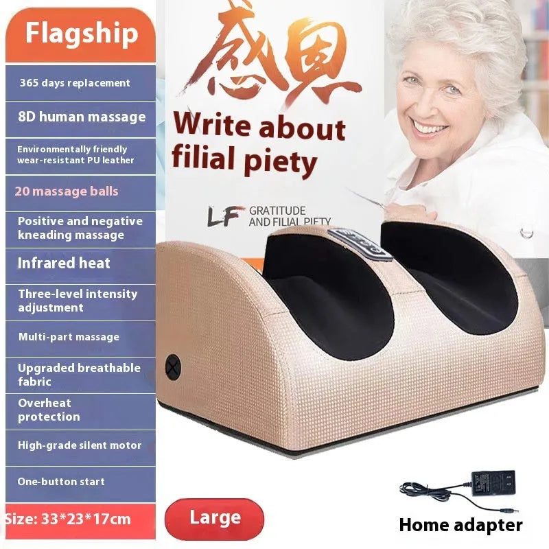 Household foot massager machine showing different colour options and massage modes