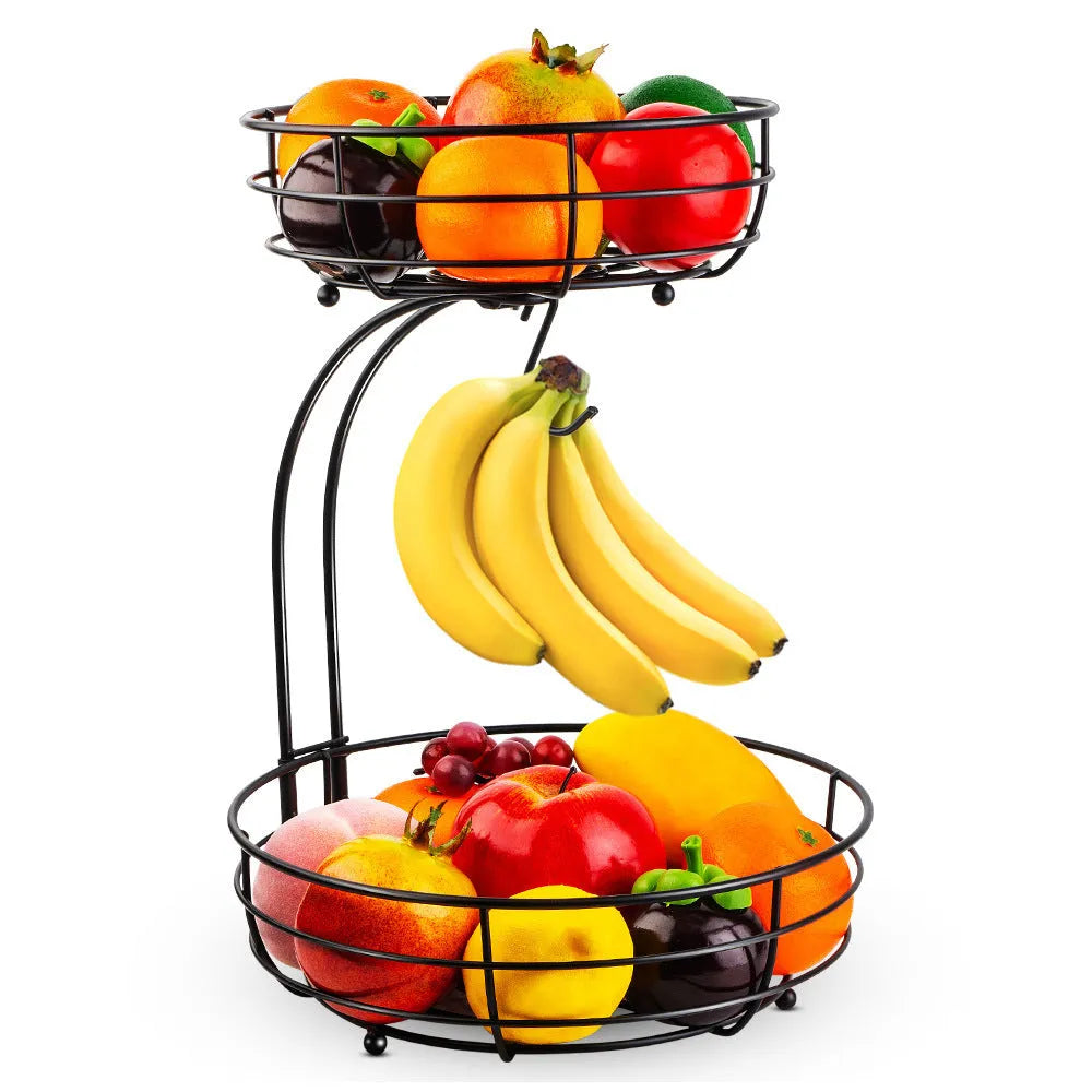 Black wrought iron double-layer fruit basket with open wire construction for air circulation