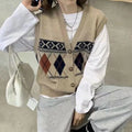 Woman wearing a sleeveless loose-fit cardigan top with a diamond plaid pattern in khaki.