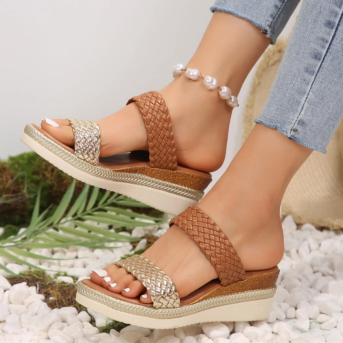 Gold and silver plus size wedge sandals for women on a white background.