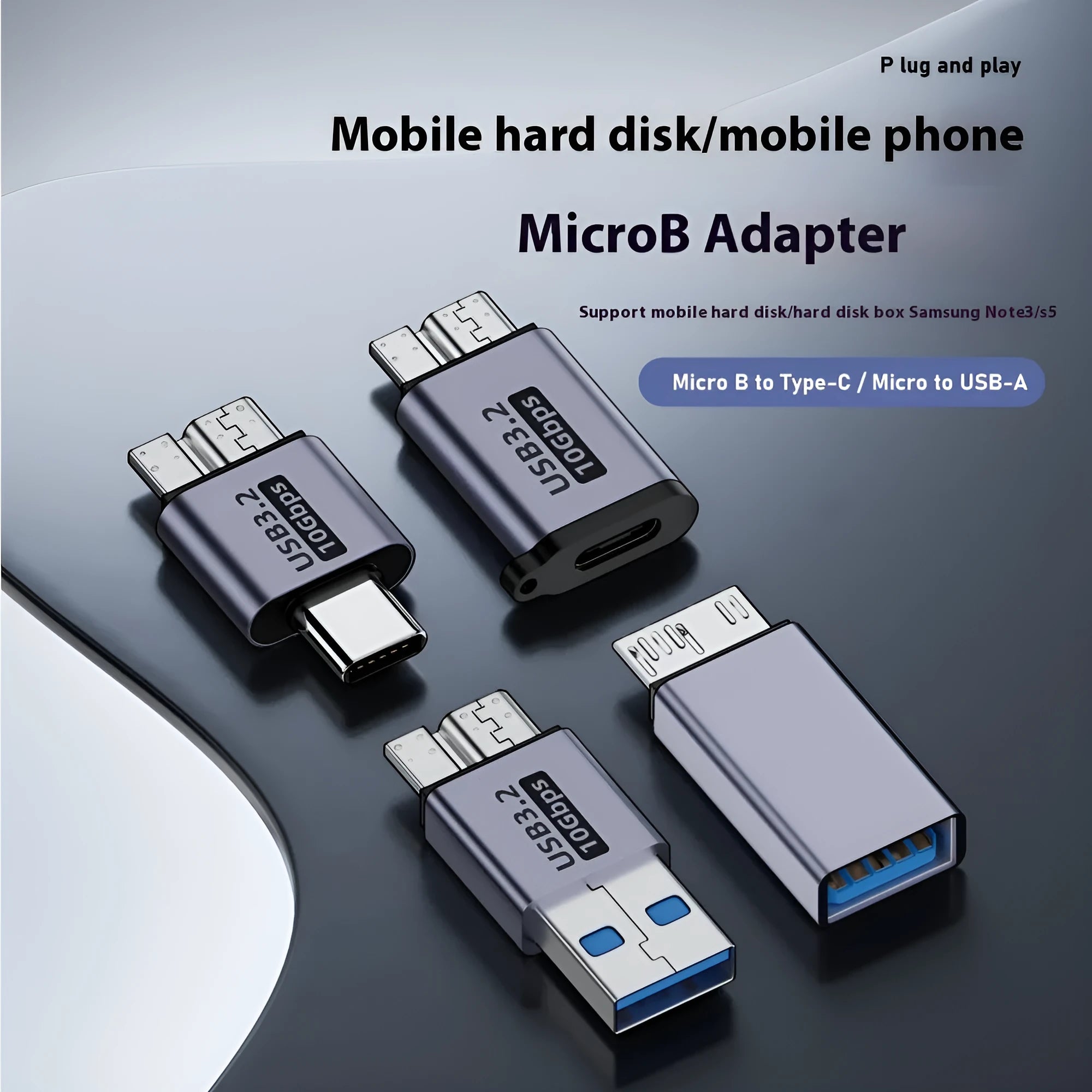 Close-up of a Micro USB to USB-C and USB-A adapter cable set for charging and data transfer.