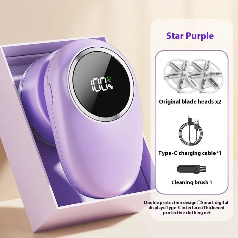 Digital fur ball trimmer with lint roller function in purple colour showing four cutter head configuration