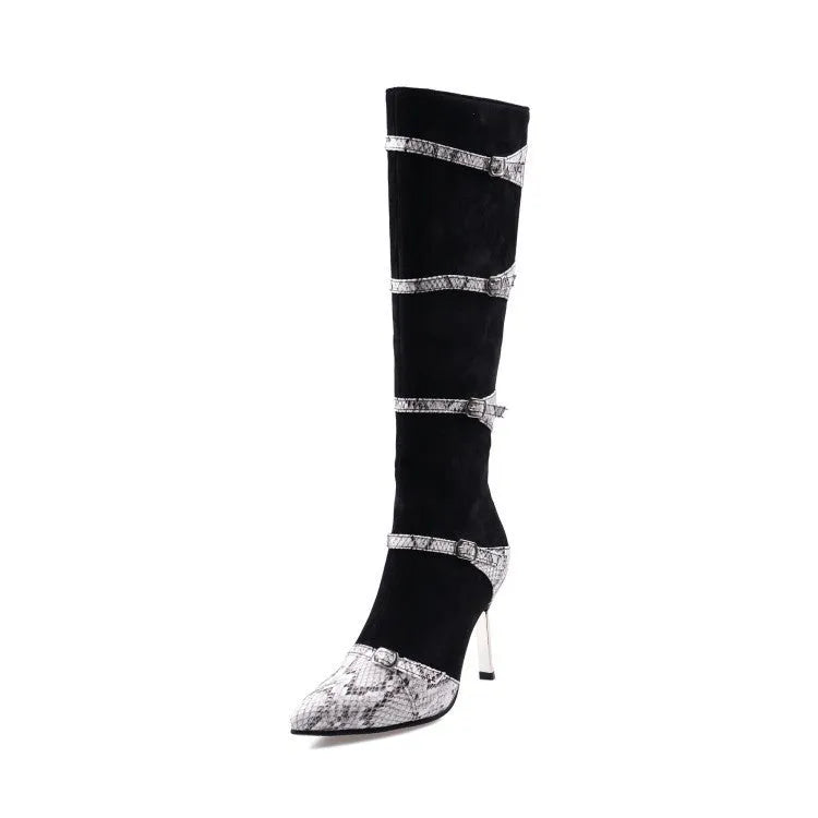 Women's black knee-high boots with thin high heels and velvet interior, showing 33cm shaft height