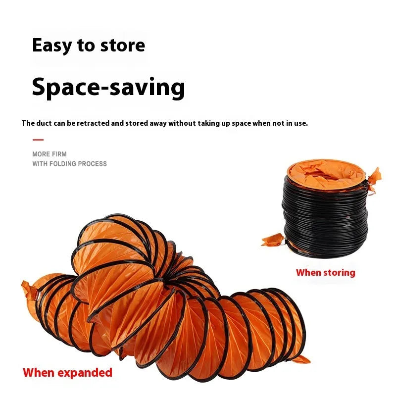 Portable 8-inch industrial axial flow fan with flexible air duct for dust removal.