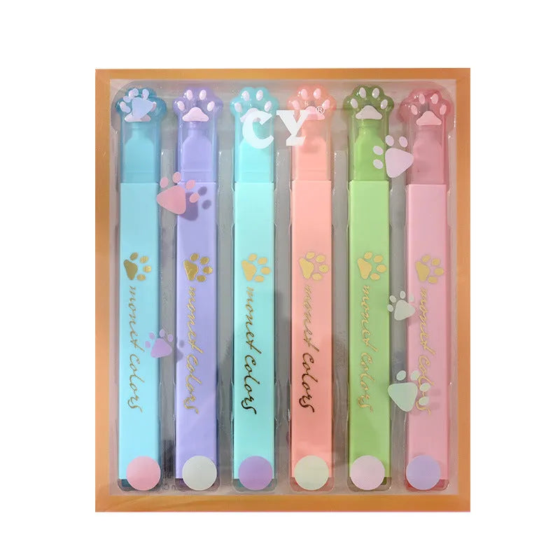 Cat's Paw fluorescent highlighting pen set showing six different coloured pens with oblique nibs.