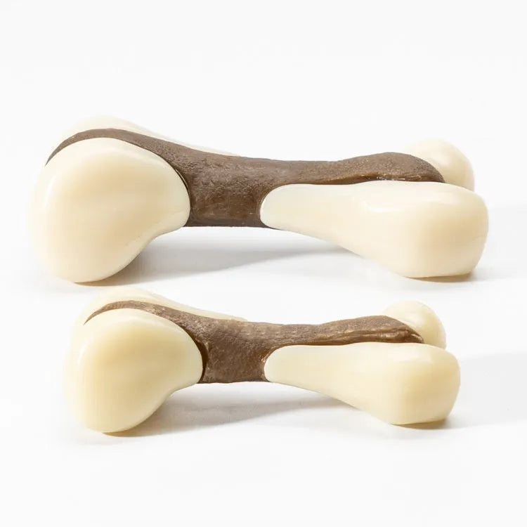 Brown bone-shaped dog chew toy made from cowhide and nylon materials