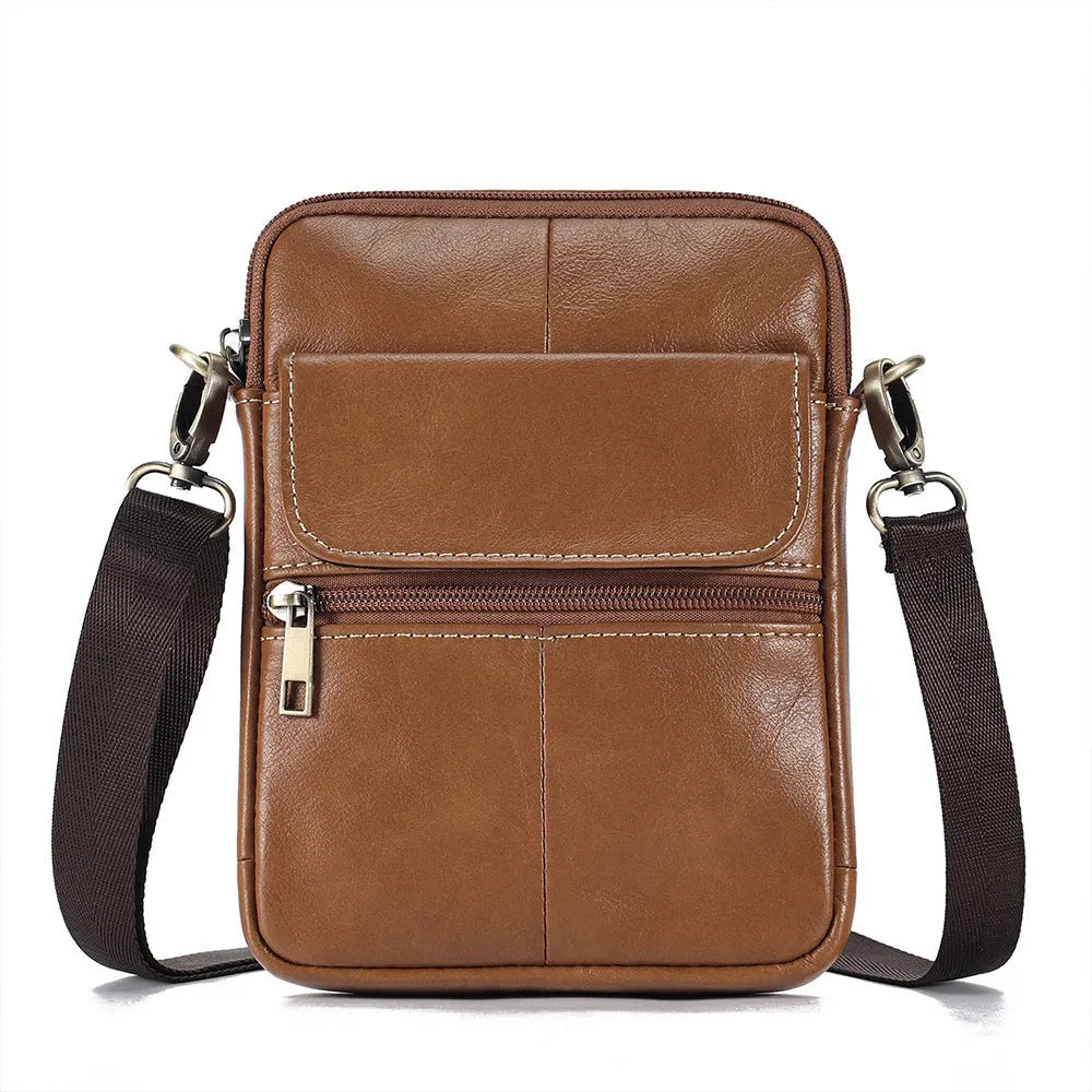 Men's brown genuine leather crossbody shoulder bag with adjustable strap