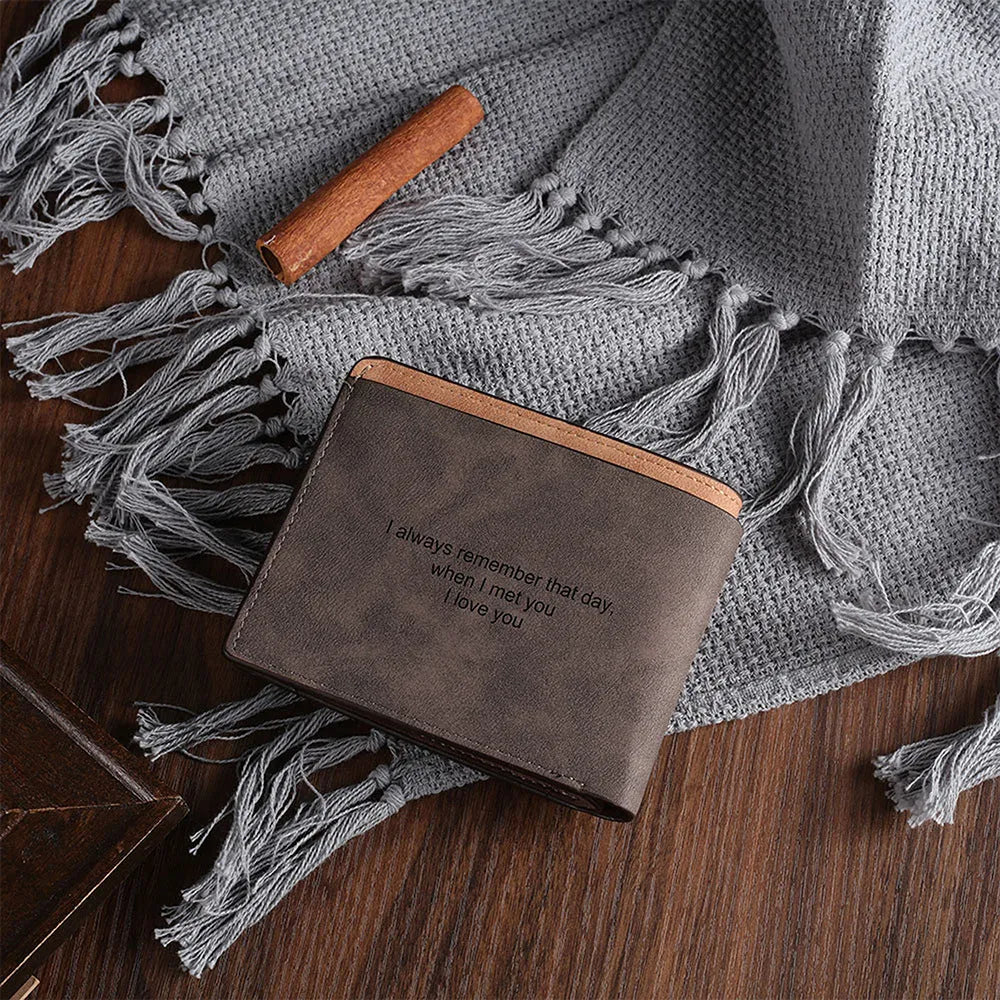 Coffee-colour engraved horizontal short wallet made from PU leather showing personalisation space.