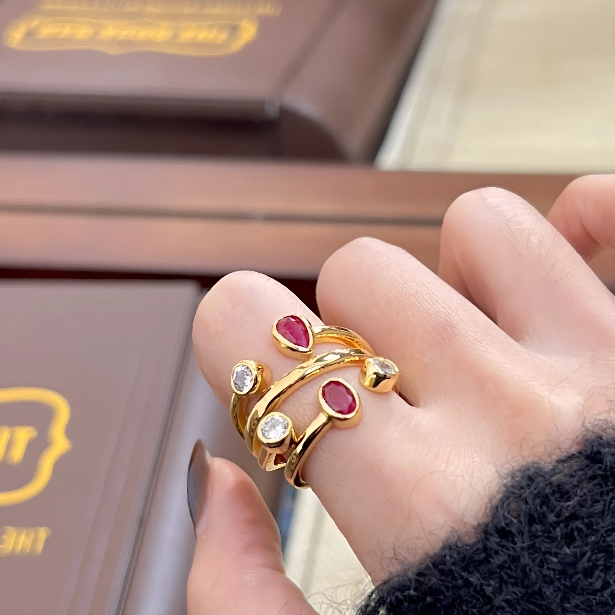 Geometric irregular copper ring with two-tone electroplated finish and double-headed diamond design