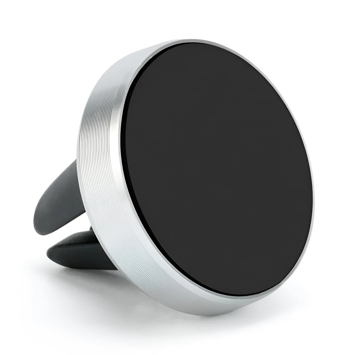Magnetic car phone holder mounted on air vent with mobile phone attached
