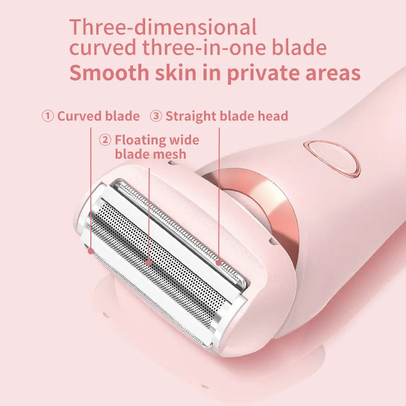 2-in-1 USB rechargeable electric shaver for women with square and round heads, pink colour, for whole body hair removal