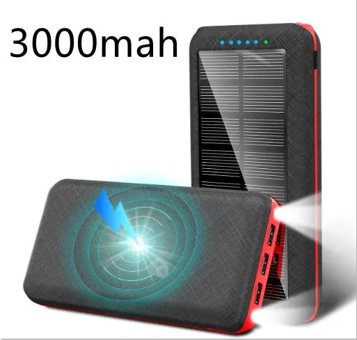 Solar power bank with wireless charging surface, three USB ports, and LED flashlight in black colour