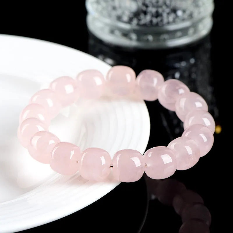 Pink bamboo crystal bracelet with 11-12mm geometric barrel beads