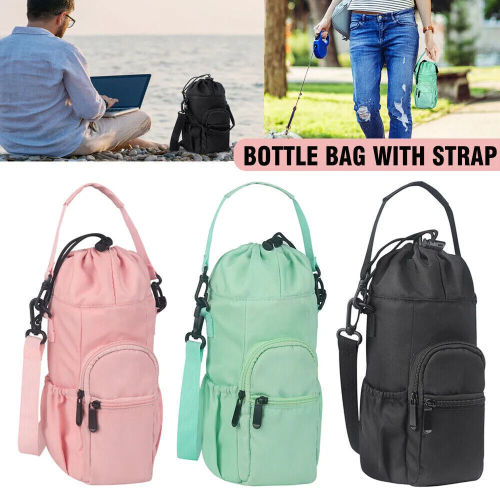 Cloth water bottle shoulder bag with adjustable crossbody strap in black, green, or pink