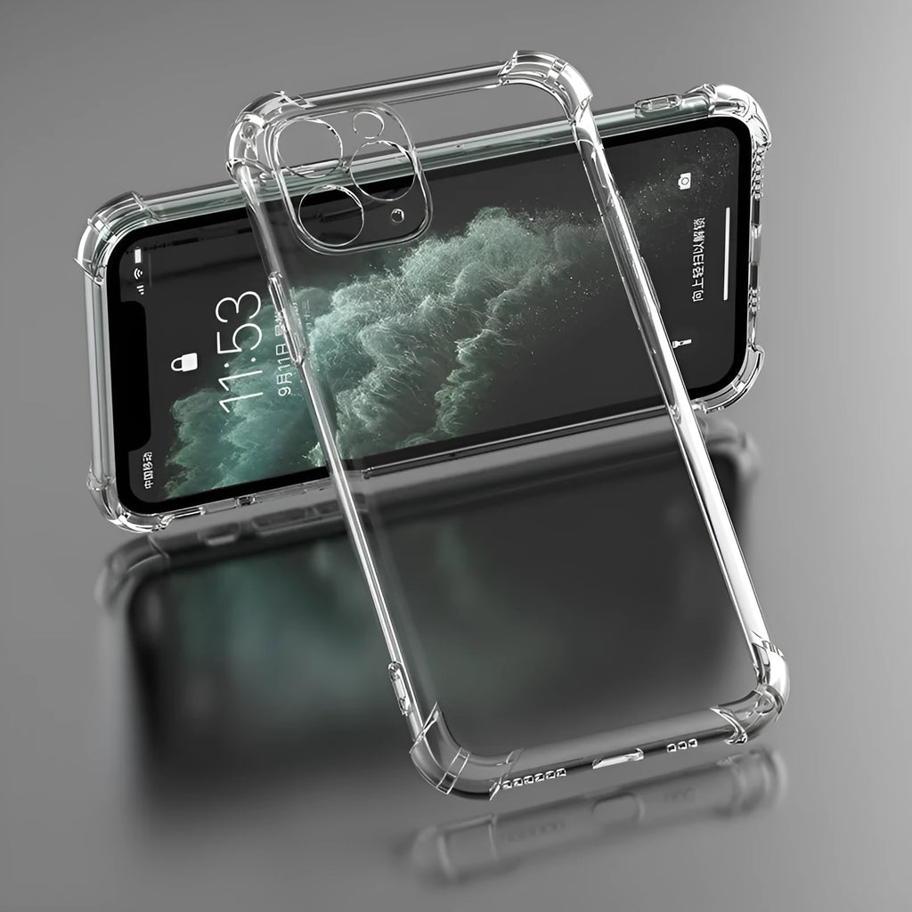 Clear transparent TPU shockproof phone case for iPhone, shown from the back.
