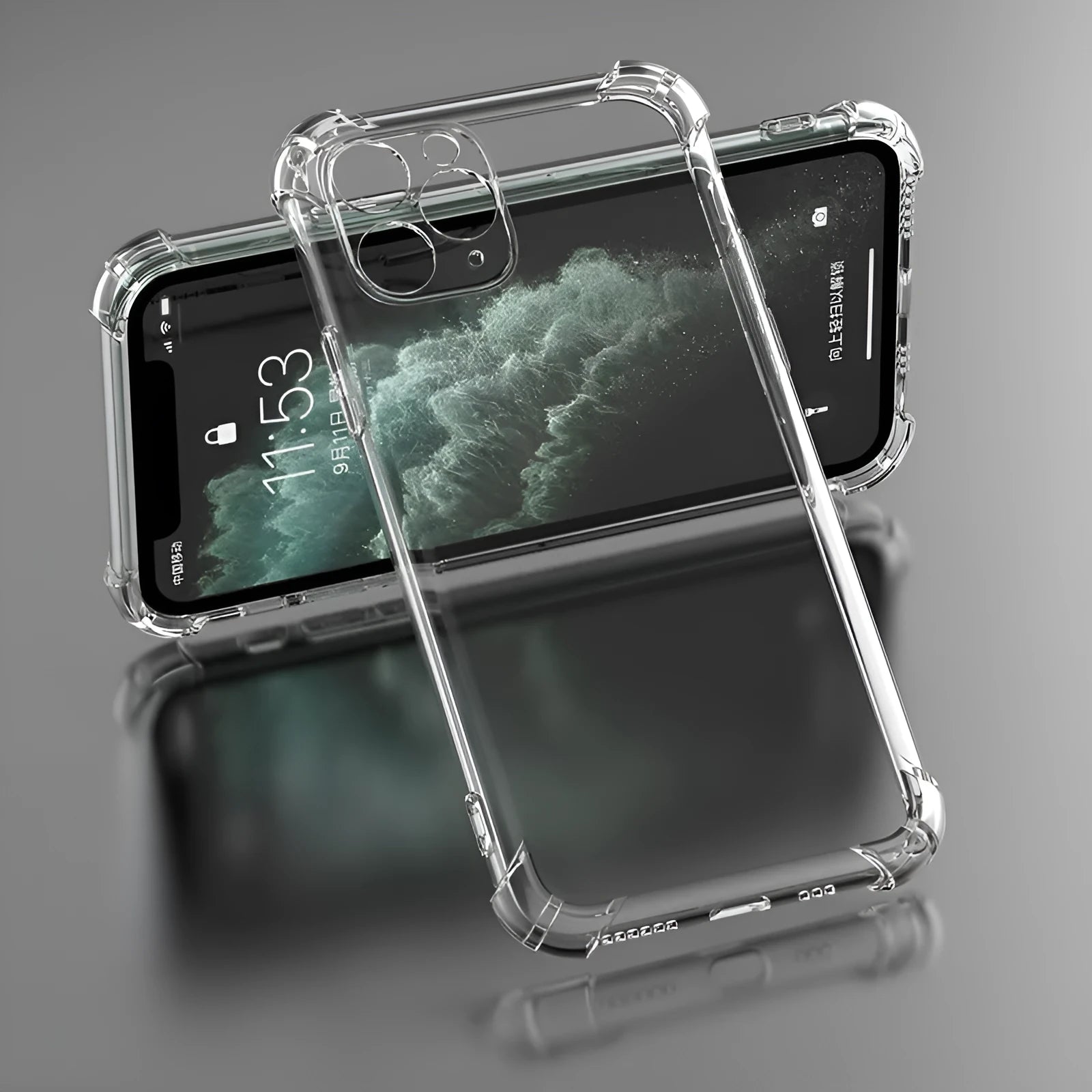 Clear transparent TPU shockproof phone case for iPhone, shown from the back.