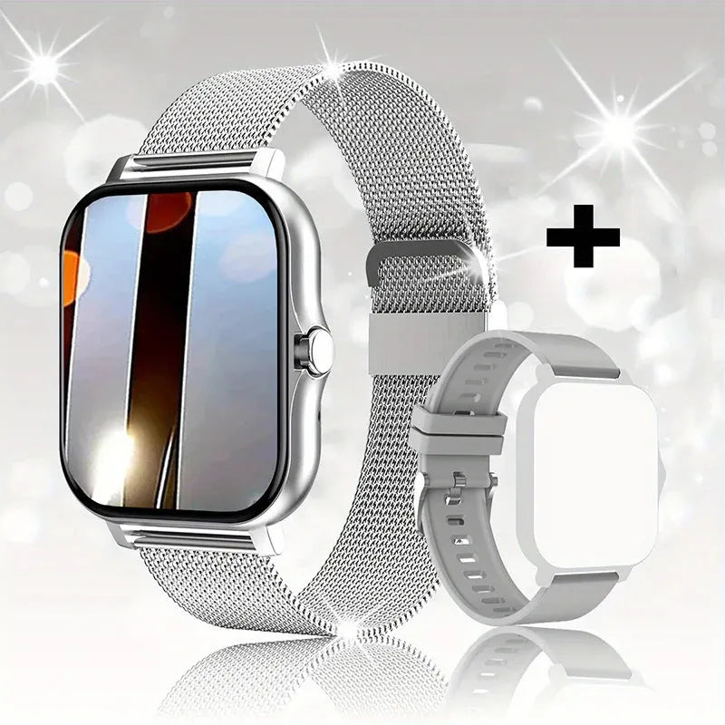 Smart watch with 1.44-inch touch screen showing heart rate and step count display on silicone wrist strap