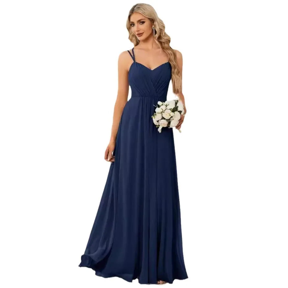 Women's sleeveless long pleating dress in solid color A-line skirt style available in light green navy blue and wine red