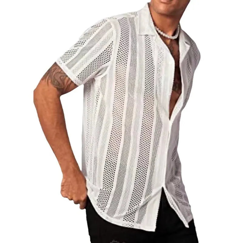 Man wearing a black knitted short-sleeved button shirt with a jacquard pattern, cardigan style.