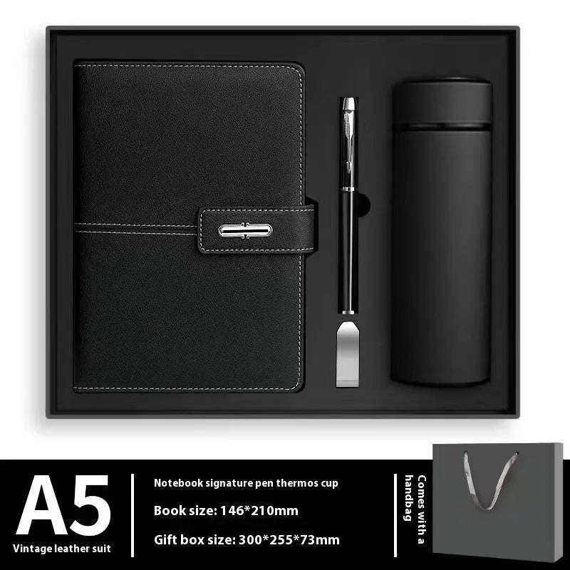 A5 notebook with PU leather cover in various colours including black, red, green, blue, and orange