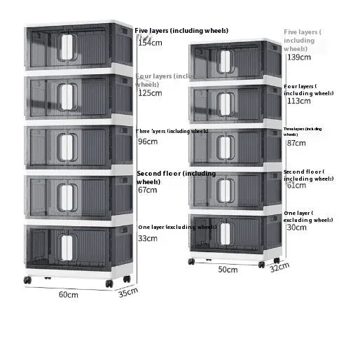 PP foldable storage locker with wheels in white finish showing multiple shelf layers and door configuration