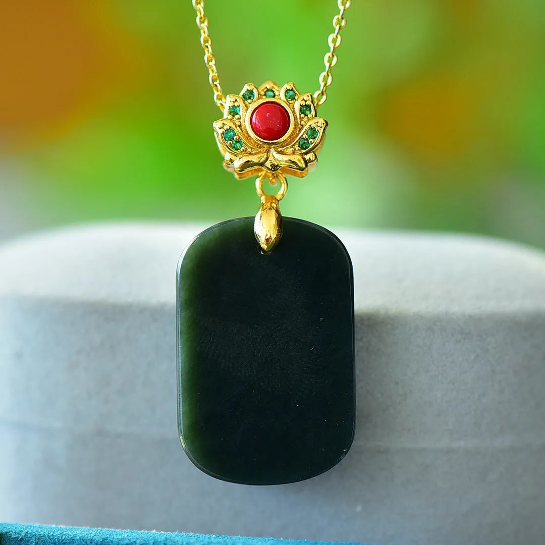 Flat natural grey Hetian jade pendant with copper inlay on a necklace chain, modern minimalist style.