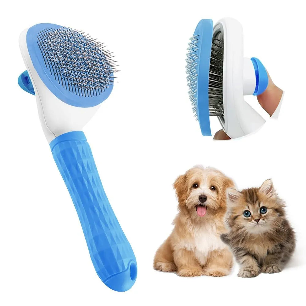 Blue cat grooming brush with a release button and fine wire bristles for removing loose hair.