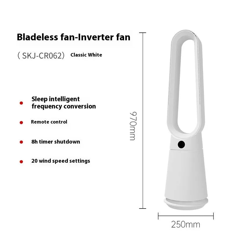 White bladeless tower fan with remote control on a wooden floor next to a desk.