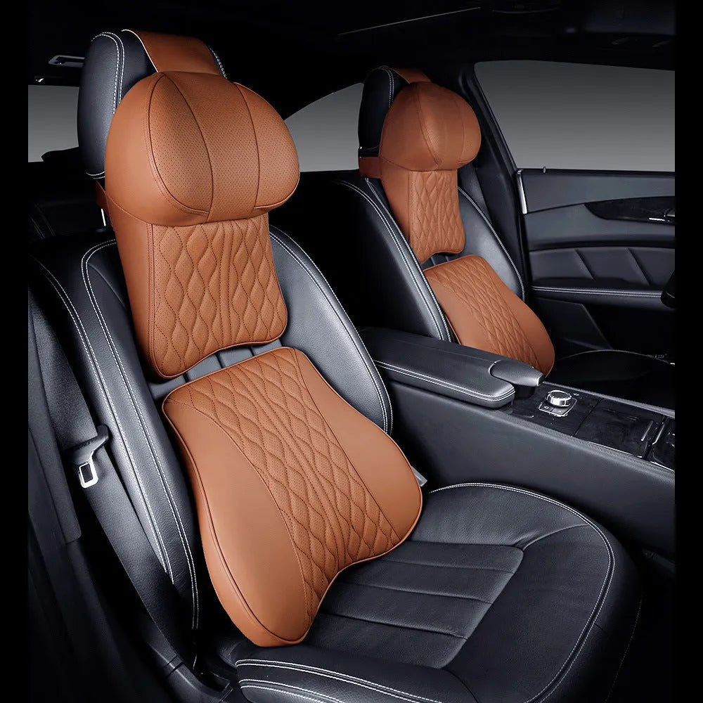 Car neck pillow and lumbar support cushion set with wavy pattern embroidery in beige colour