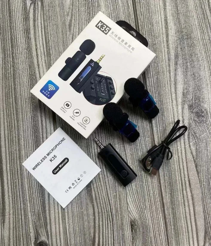 Wireless collar clip microphone for smartphones, showing clip design and available connection options.