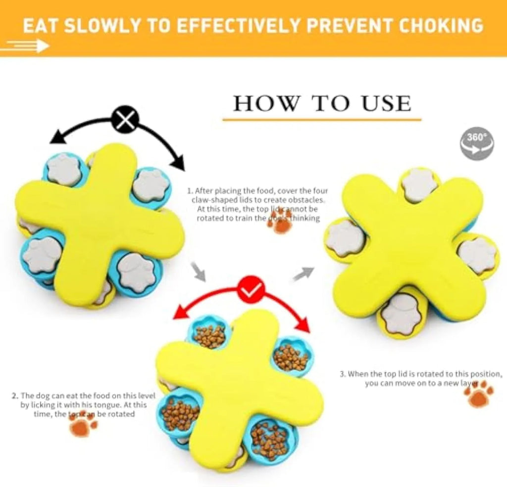 Yellow three-layer rotating dog puzzle feeder toy with claw-shaped lids on a non-slip base.