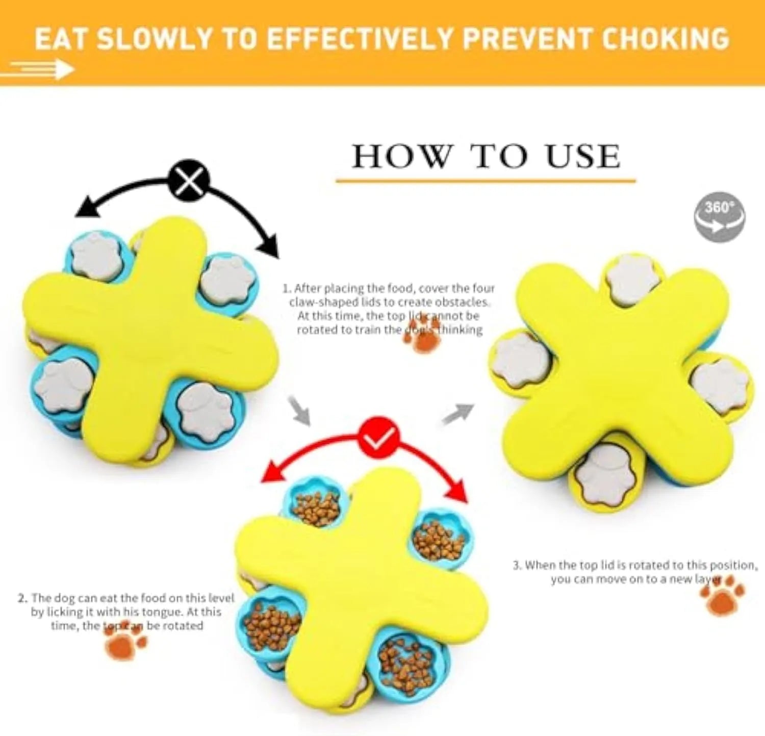 Yellow three-layer rotating dog puzzle feeder toy with claw-shaped lids on a non-slip base.