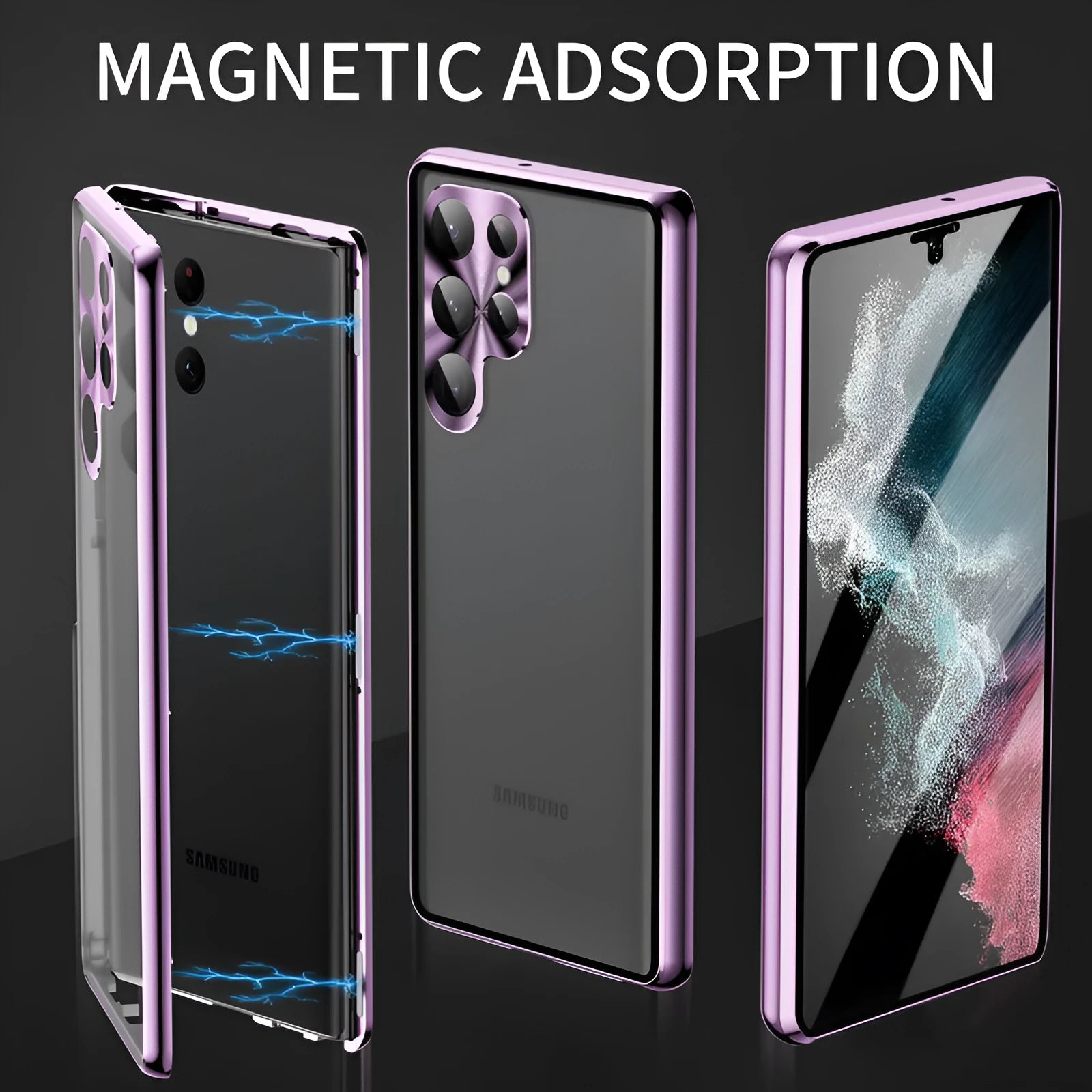 Metallic magnetic mirror phone case for Samsung S24 Ultra in various colours showing privacy screen.