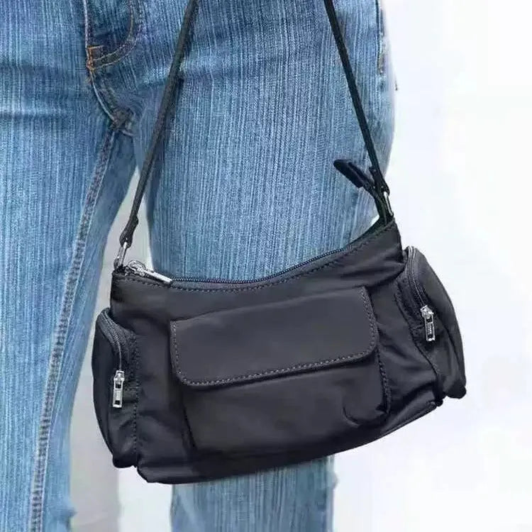 Black PU nylon women's shoulder bag with double pockets and side line detailing