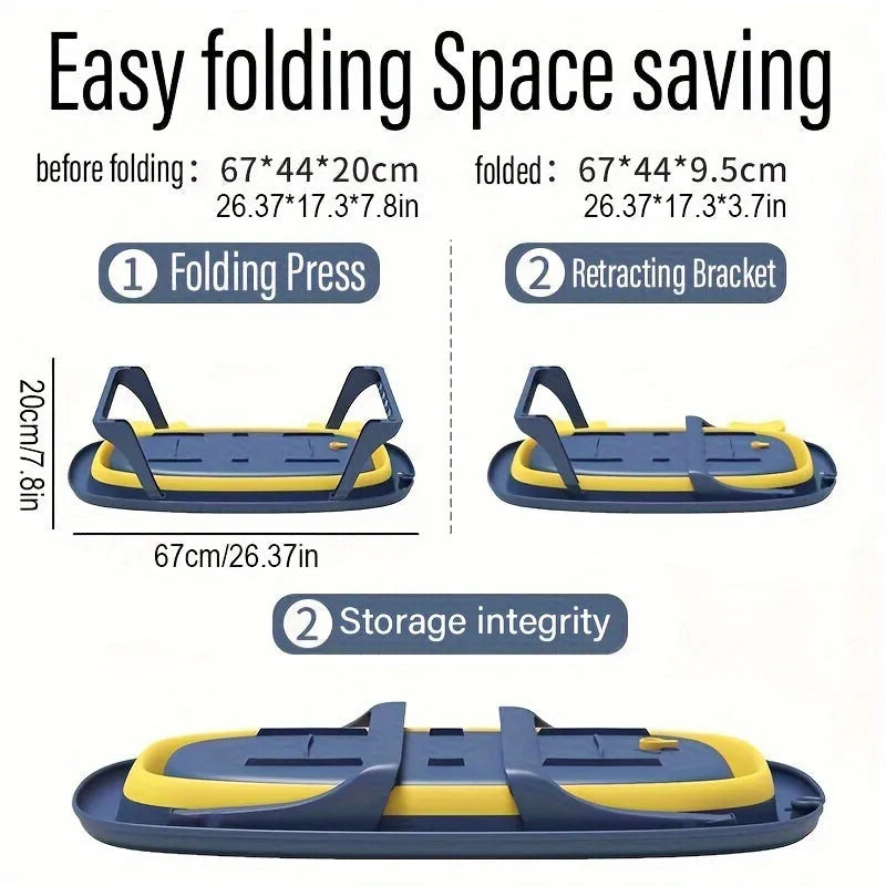 Blue foldable portable pet tub for small dogs and cats, shown with dimensions.