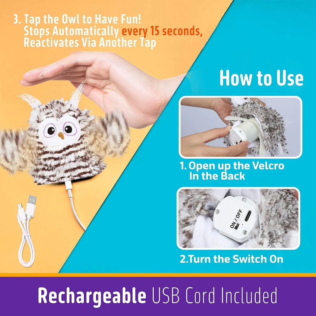 Grey automatic owl cat toy with flapping wings and USB charging cable